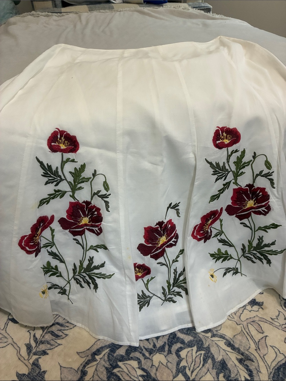Sunny Leigh White Midi Skirt with Red Floral Embroidery